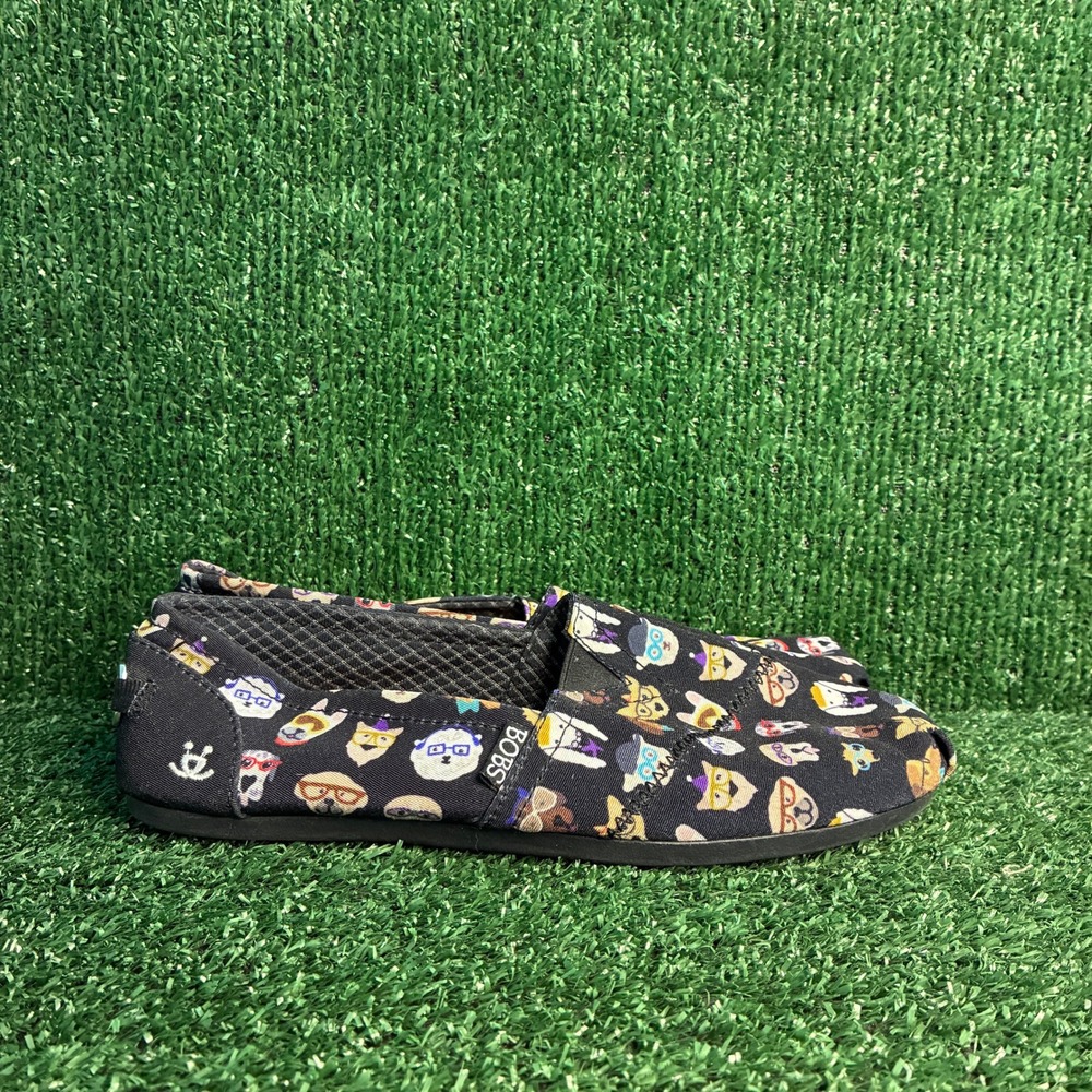 Skechers BOBS Plush Party Animal Dog Print Slip On Canvas Flats Black Womens 8